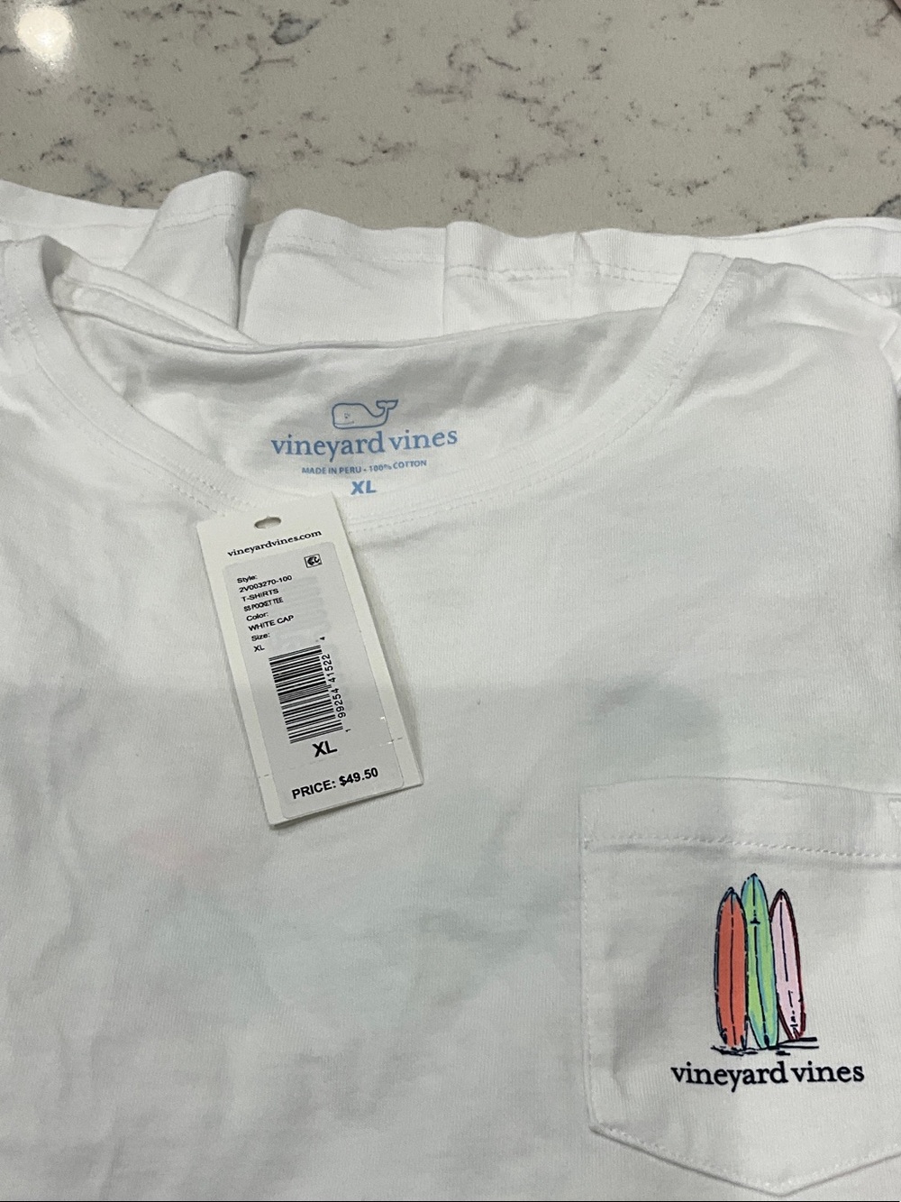 Vineyard Vines White Pocket Tee with Multicolor Surfboards